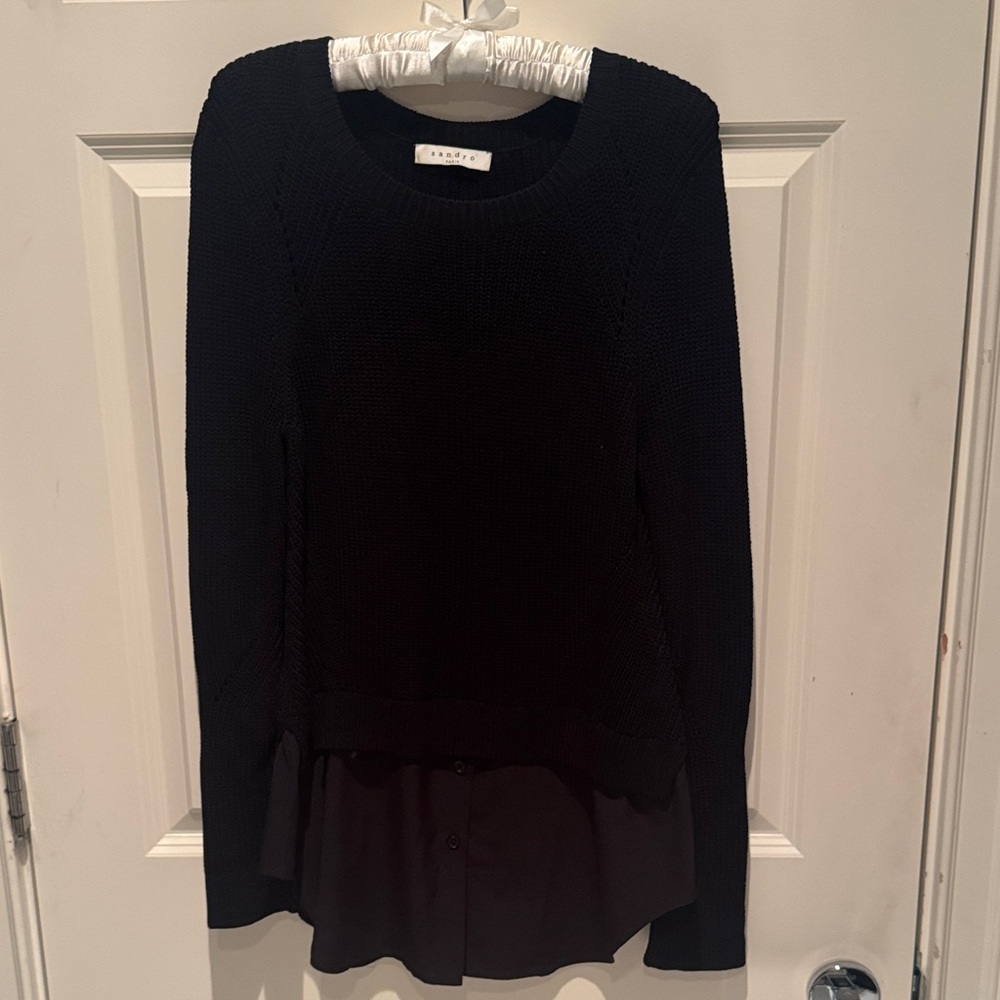 Sandro Black Knit Layered Sweater with Shirt Hem